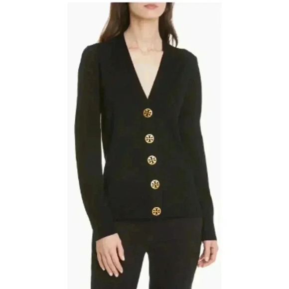 Tory Burch Black Merino Wool Cardigan With Ruffle Collar - Picture 3 of 7
